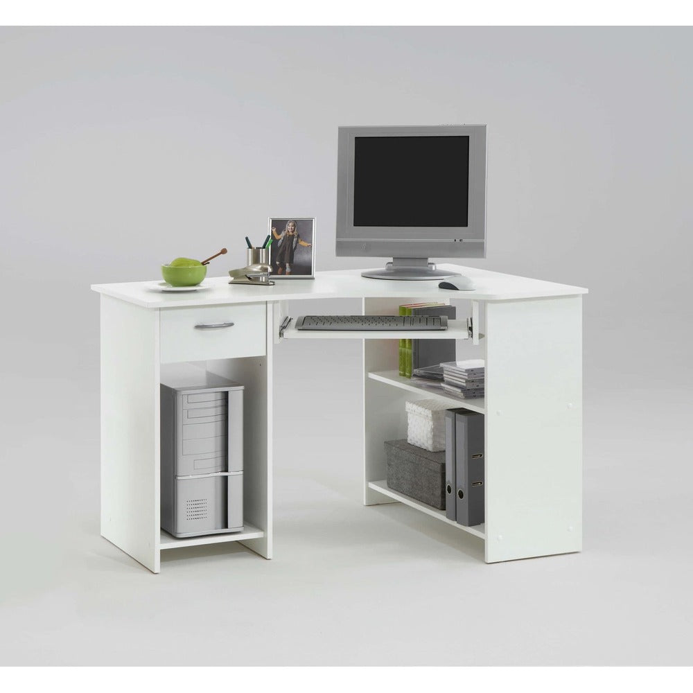 Amelia White Corner Desk with Drawer and Shelves