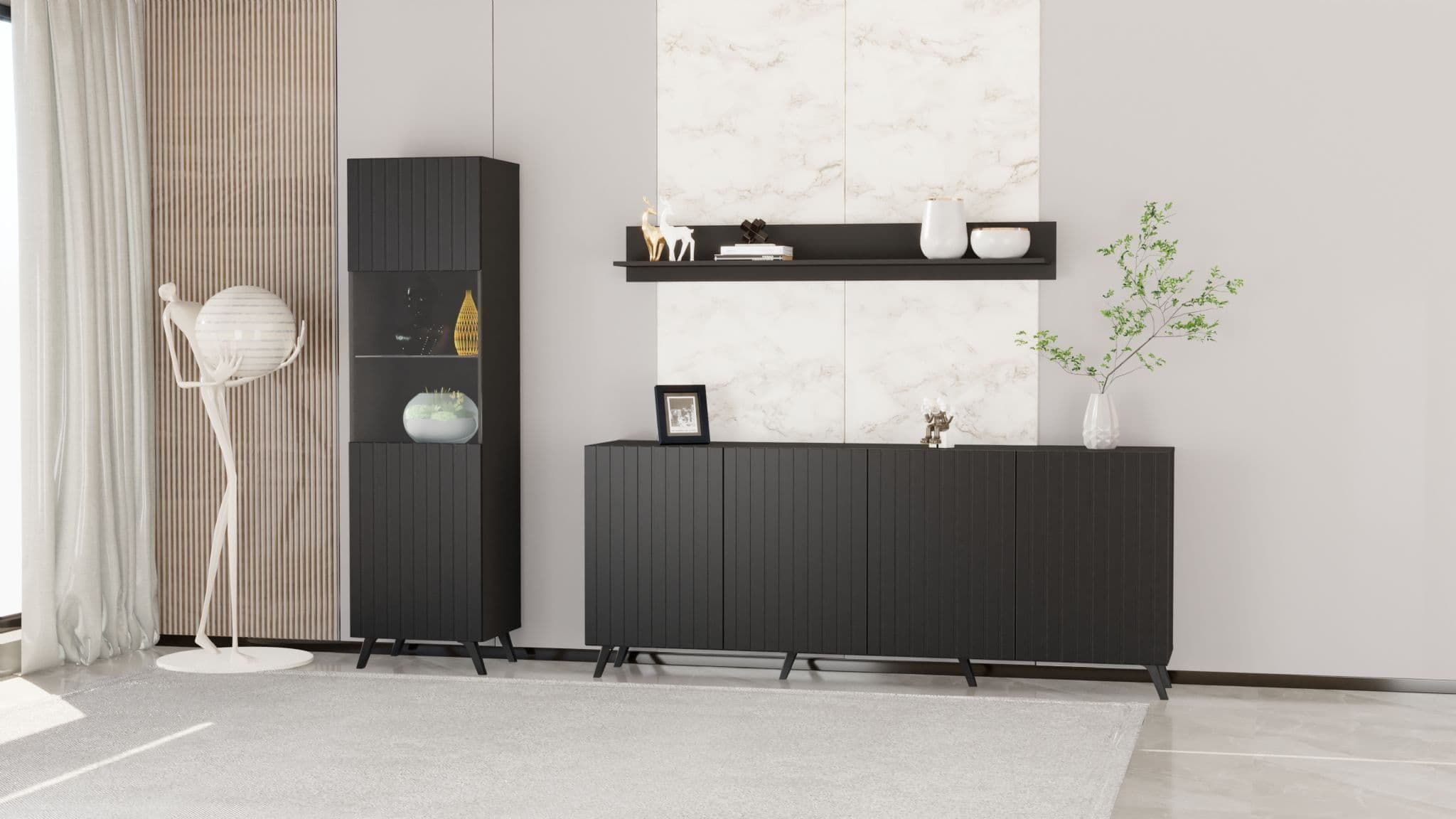 Becca Black Display Cabinet Dining with 4 Internal Shelves