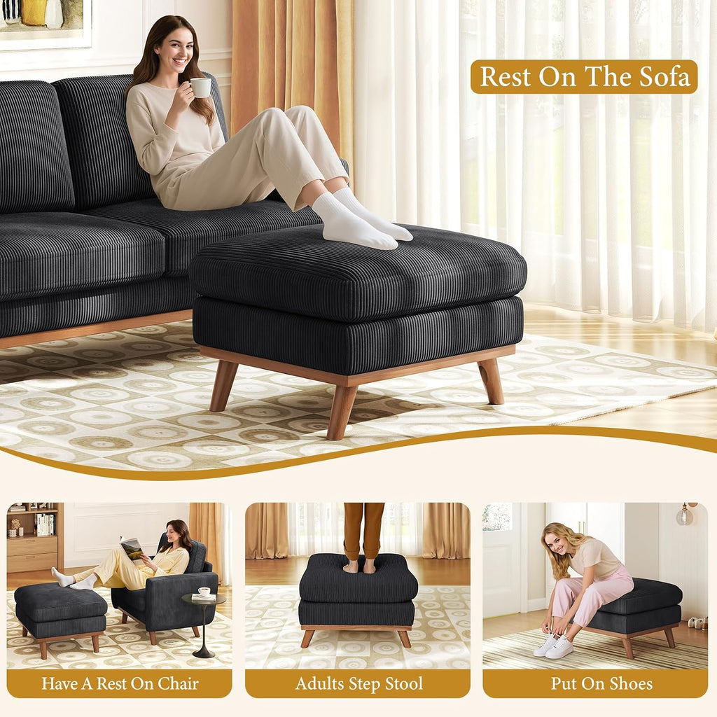 Large Ottoman for Modular Sofa, Large Corduroy Ottoman with Spring Cushion, Rectangle Foot Rest for Couch, Entrance Footstool with Wood Legs, Footstool for Living Room, Bedroom, Black
