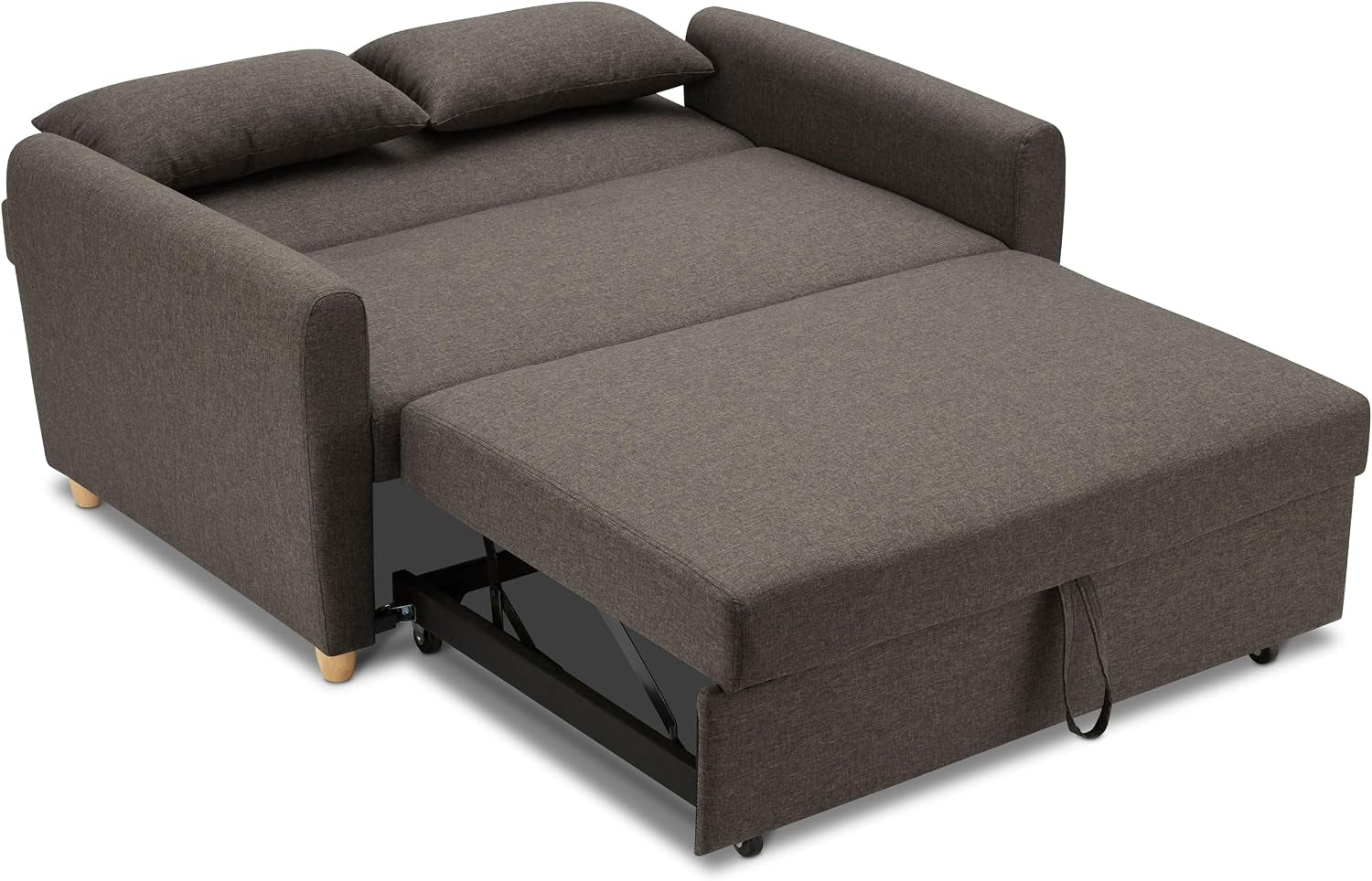 Dark Brown 2 Seater Sofa Bed Double, Pull Out Sofa Bed for Adults, Compact Fabric Sofabed with Fold Flat Mattress | Living Room Guest Bed | 140Cm