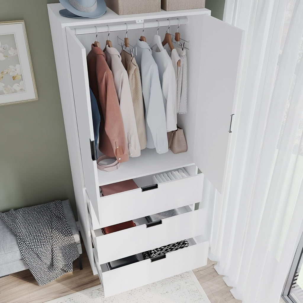 Modern 2 Door Wardrobe with 3 Drawers & Hanging Rail, Stylish Freestanding Storage, Spacious Interior, Durable Chipboard Build, Easy to Assemble Bedroom Furniture