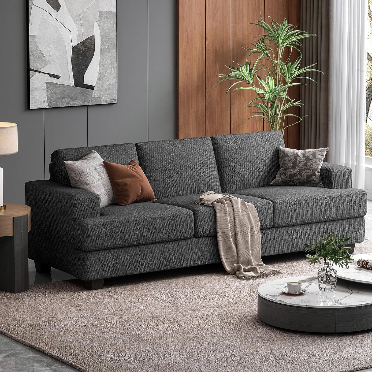 226CM Sofa Couch, 3 Seater Sofa with Suppleness Armrests, Linen Fabric Deep Seat Sofa with Upholstered Cushion& Backrests, Modern Comfy Couch for Living Room Apartment Office