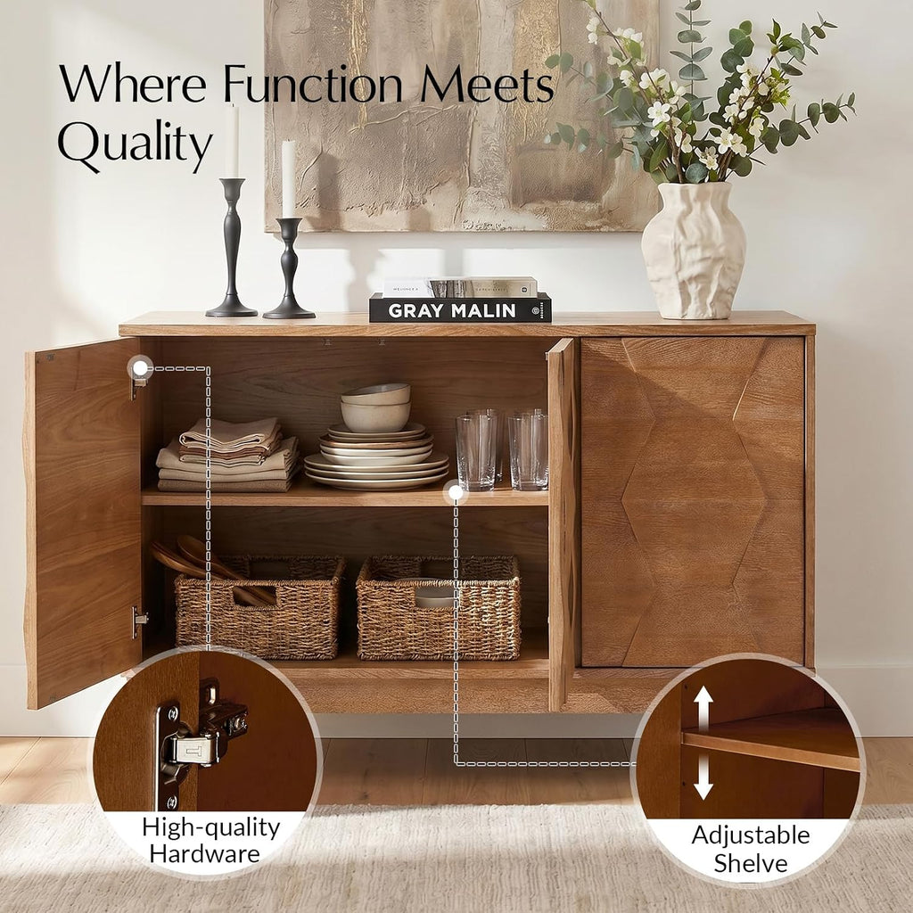 115 Cm Wooden Sideboard with Adjustable Shelves, Seadrift | 3-Door Storage Cabinet with Hexagonal Door Design, Solid Wood Legs, Ample Storage for Living Room, Dining Room, Easy Assembly