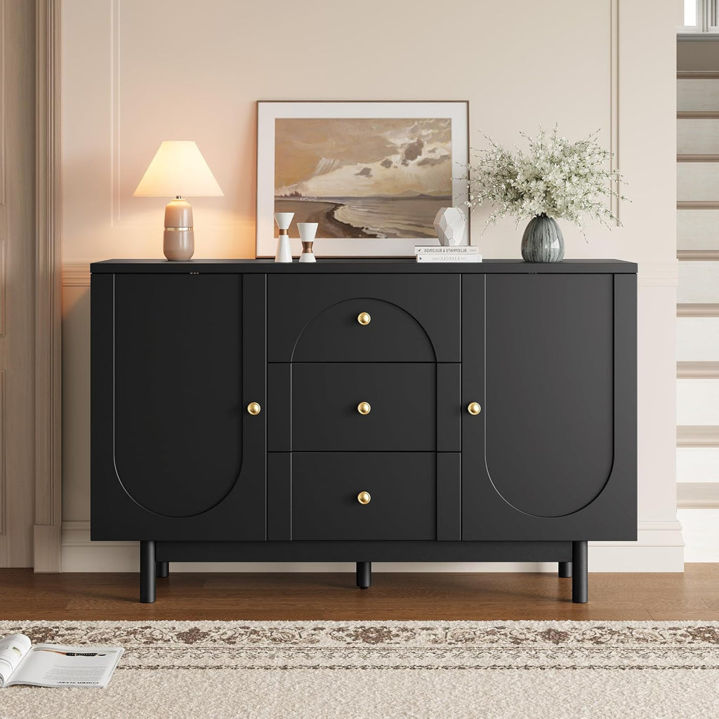 Sideboard, Wooden Sideboard Cabinet with Adjustable Shelf, 3 Drawers and 2 Doors, Modern Cabinet for Living Room, Hallway, Kitchen, Black