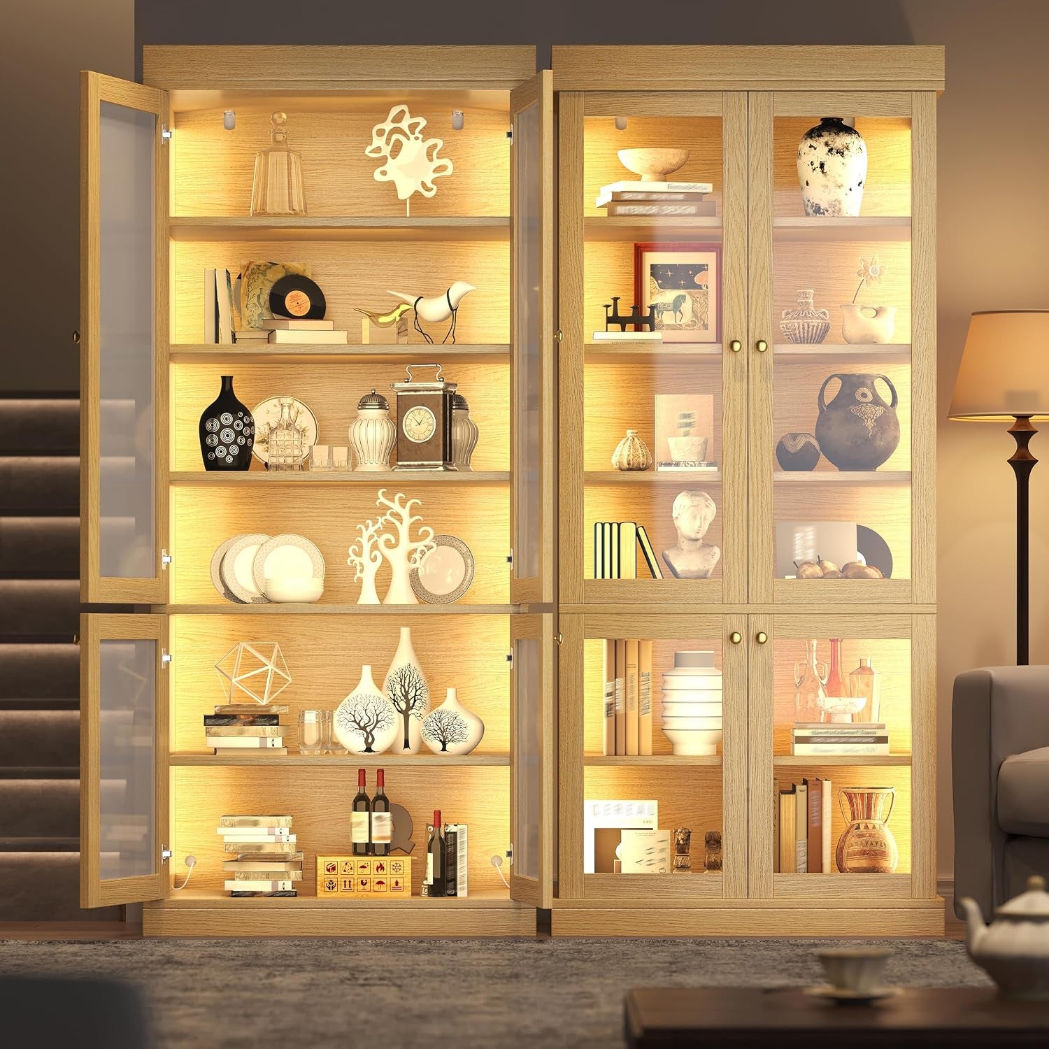 Modern Display Cabinets Combo with Glass Doors & LED Lights, Freestanding Bookcase/Cabinet for Living Room, Oak Colour