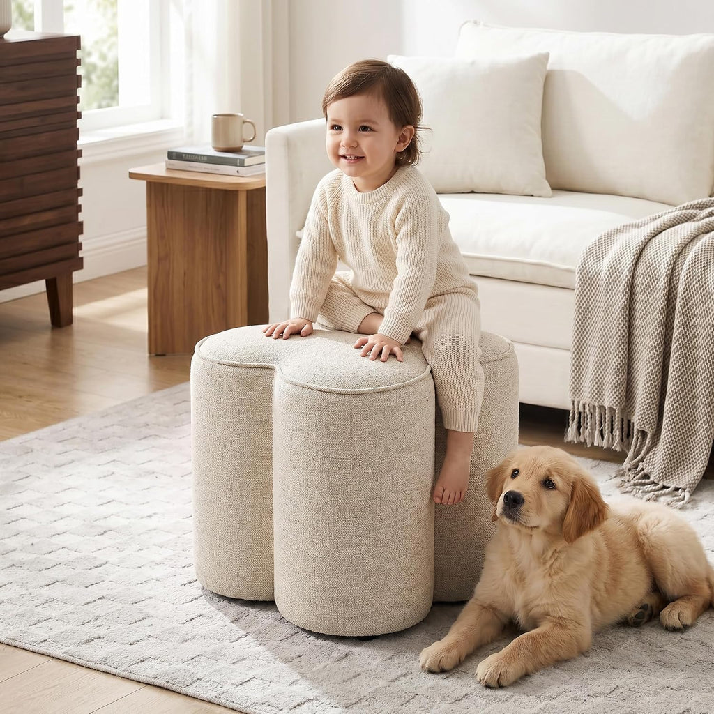 Petal Ottoman Foot Stool, Flower-Shaped Pouffe Footstool, Beige | Linen Upholstered Vanity Stool, Wood Frame, 125Kg Capacity, No Assembly, Foot Rest for Sofa Living Room Bedroom