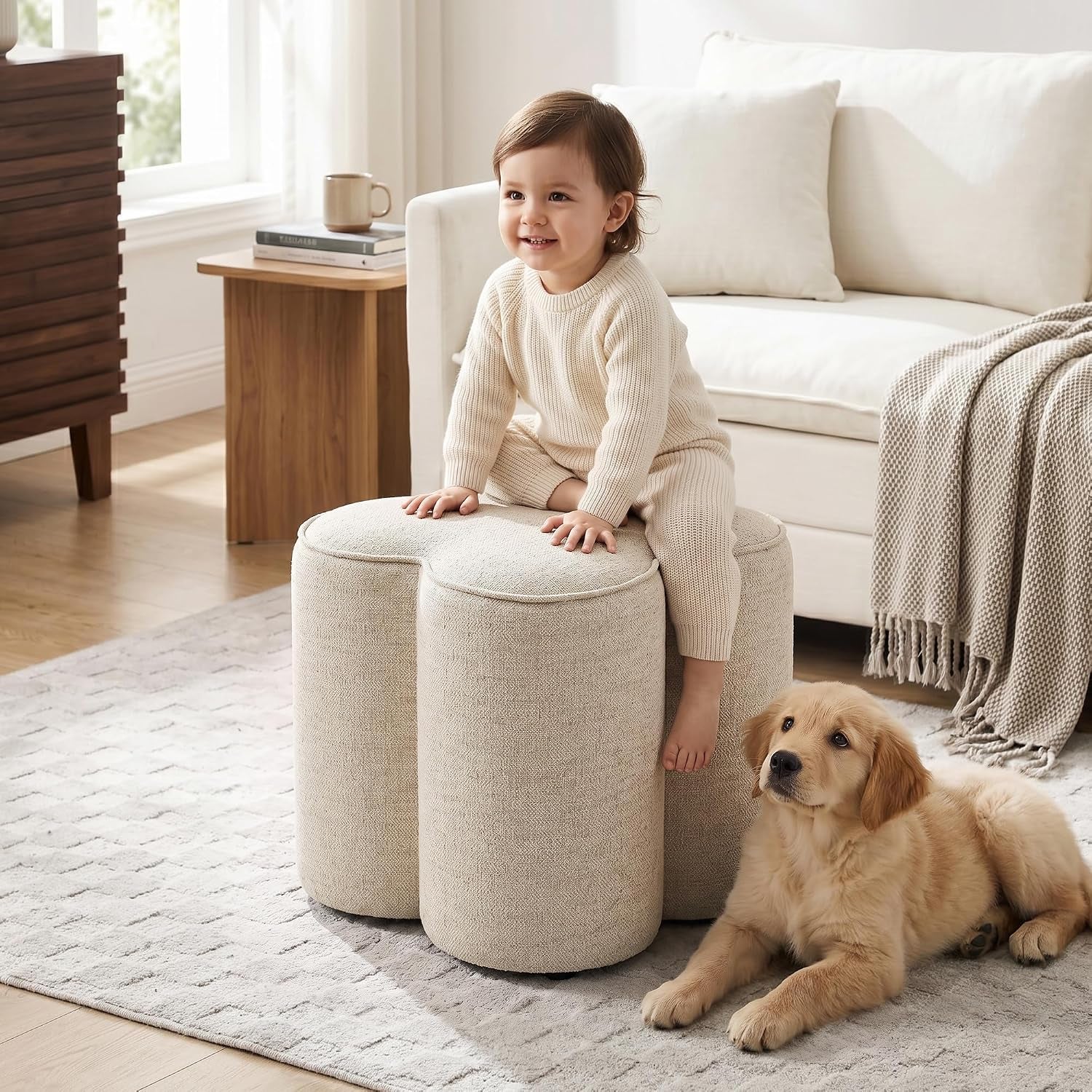 Petal Ottoman Foot Stool, Flower-Shaped Pouffe Footstool, Beige | Linen Upholstered Vanity Stool, Wood Frame, 125Kg Capacity, No Assembly, Foot Rest for Sofa Living Room Bedroom