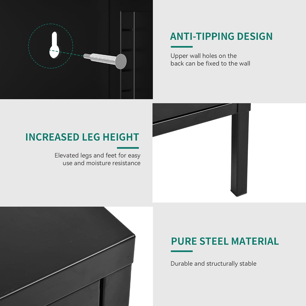 Metal Storage Cabinets with 2 Doors & 1 Adjustable Shelf, Floor Standing Sideboard Cupboard, Storage Cupboard for Home Office, Bedroom, Bathroom, Living Room, Black | Floor Standing Sideboard Cupboard 80X40X80Cm, Storage Cupboard for Home Office Bedroom Bathroom Living Room