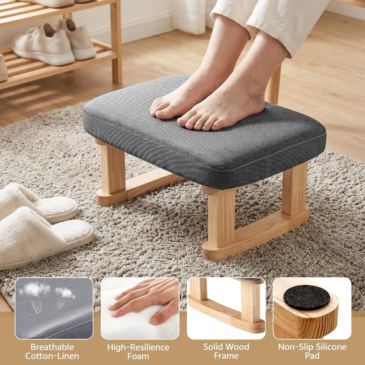 Small Footstool, Lightweight Pouffe Footstool with Stable Wooden Legs and Removable Soft Cushion Cover, Modern Foot Rest under Desk for Living Room Bedroom Office Hallway Entryway (Dark Gray)