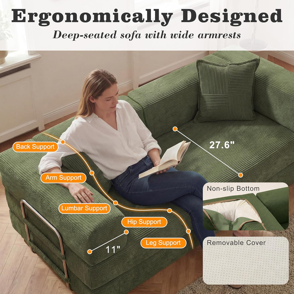 3 Seater Boneless Sofa Bed,Modular Convertible Couch,Pull Out,Green | 5-In-1 Folding Double Futon Sofa Bed|Corduroy Fabric|2 Memory Foam Pillows|Sectional Compressed Couches|200Cm for Living Room
