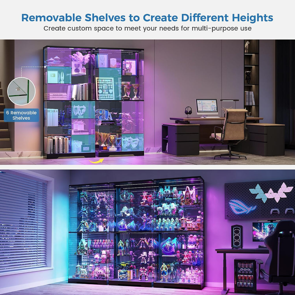 180Cm Glass Display Cabinets with RBG Lights for Collectibles,Black | 10-Tier Curio Cabinet with Lockable, Display Cases with Human Body Sensor and Glass Shelves for Books, Toys