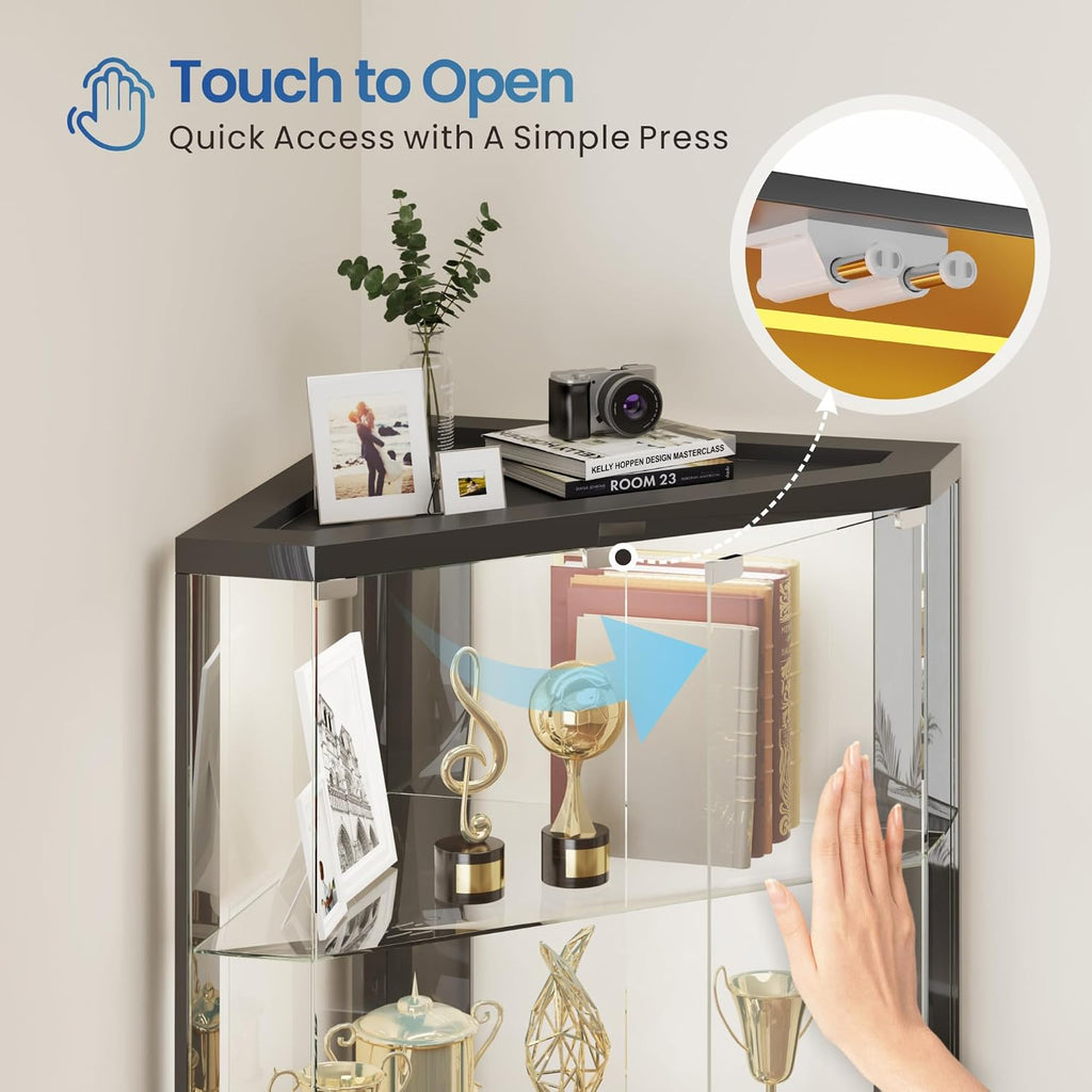 69" Corner RGB Glass Display Cabinets with Lock for Curio,Black | 5 Tier Modern Curio Cabinet with Dynamic Lighting,Storage Bookcase Cabinet with Glass Door for Study,Living Room,Bedroom