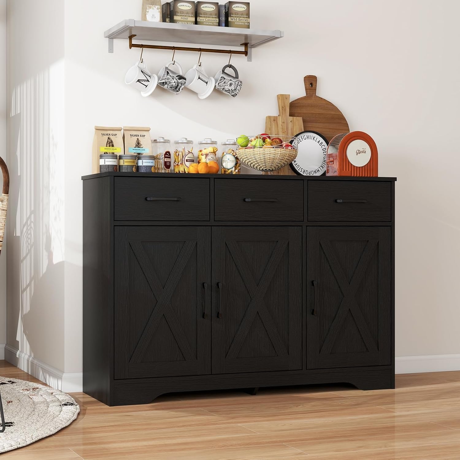 Wooden Sideboard 3 Drawers 3 Doors Entryway Dining Room Console Living Room Storage Farmhouse Sideboard Cabinet (Black)