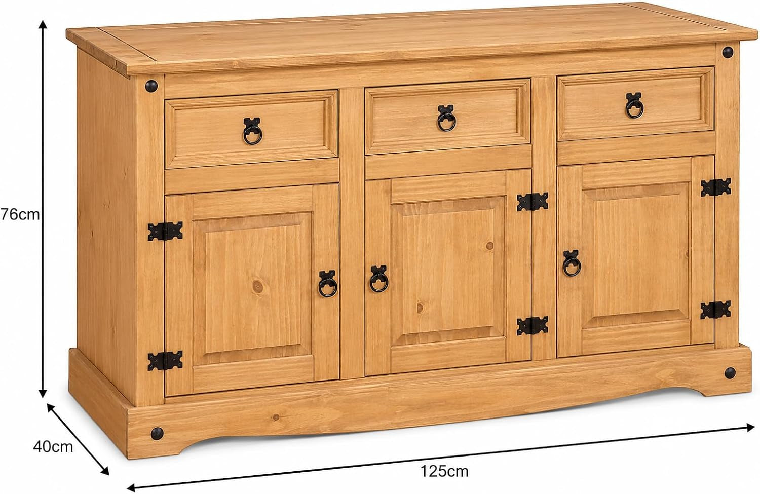 Corona Sideboard 3 Door 3 Drawer Mexican Style Solid Pine Wood Cupboard with Wax Finish Black Metal Hardware W 125 Cm X D 40 Cm X H 76 Cm