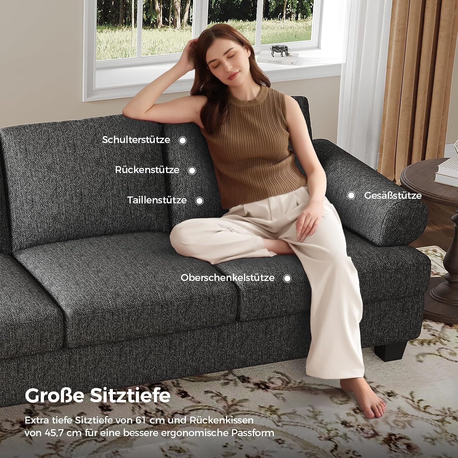 231CM Sofa Couch, Deep Seat Sofa with Lawson Style Armrests, Modern 3 Seater Sofa with Upholstered Cushion& Backrests, Mid-Century Comfy Couch for Living Room, Apartment, Gray