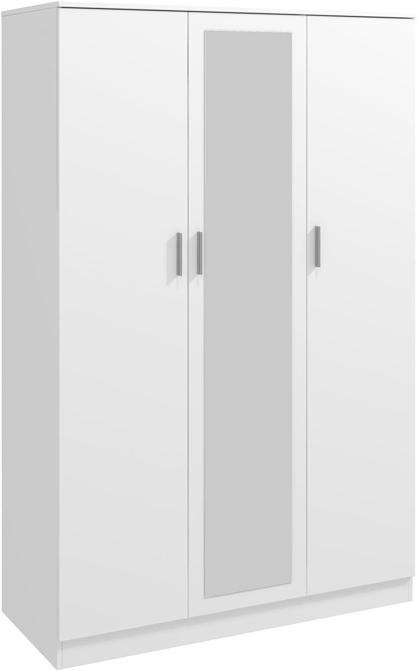 3 Doors Mirrored Wardrobe for Bedroom Bedroom Furniture Robe with 6 Storage Compartments, Hanging Rail, 115.4 X 50 X 180 Cm (White)