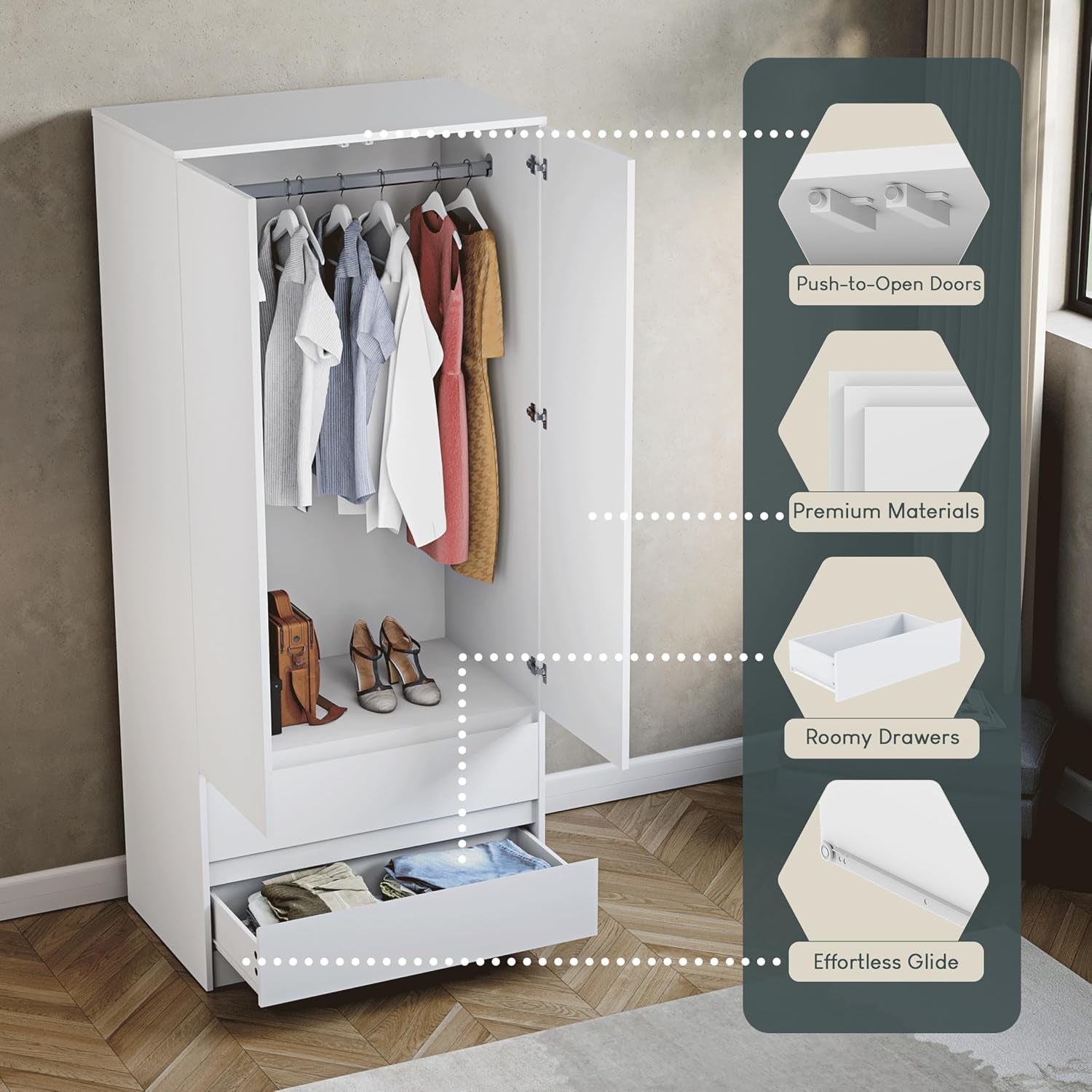Denver 2 Door & 2 Drawer Wardrobe | White | Bedroom Furniture | 174H X 76W X 53D Cm | with Spacious Drawers & Hanging Rail | Large Capacity Storage