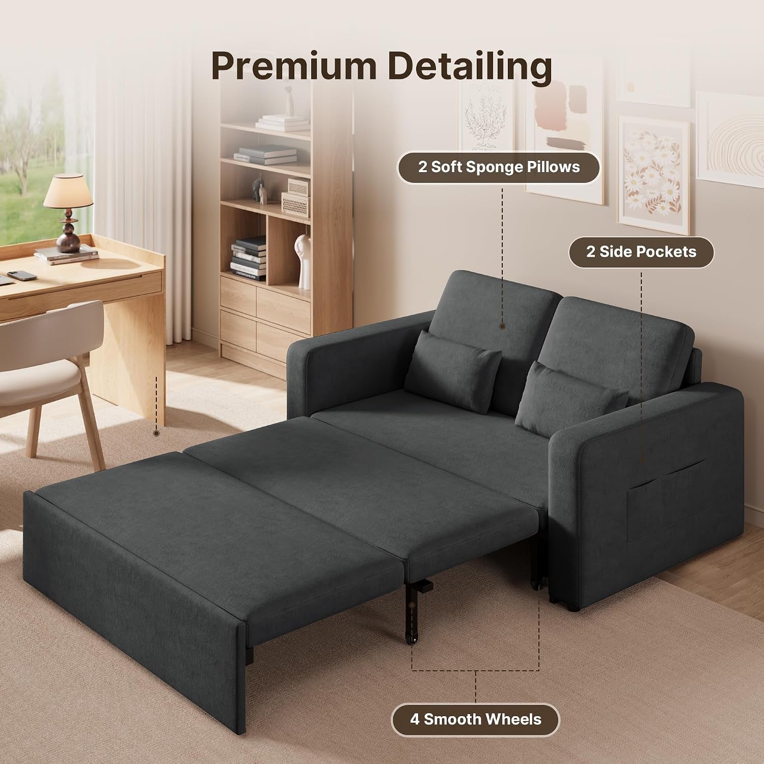 2-Seater Sofa Bed, Extendable Sleeper Couch with Pull-Out Function, Modern Velour Fabric for Living Room, Guest Room or Office
