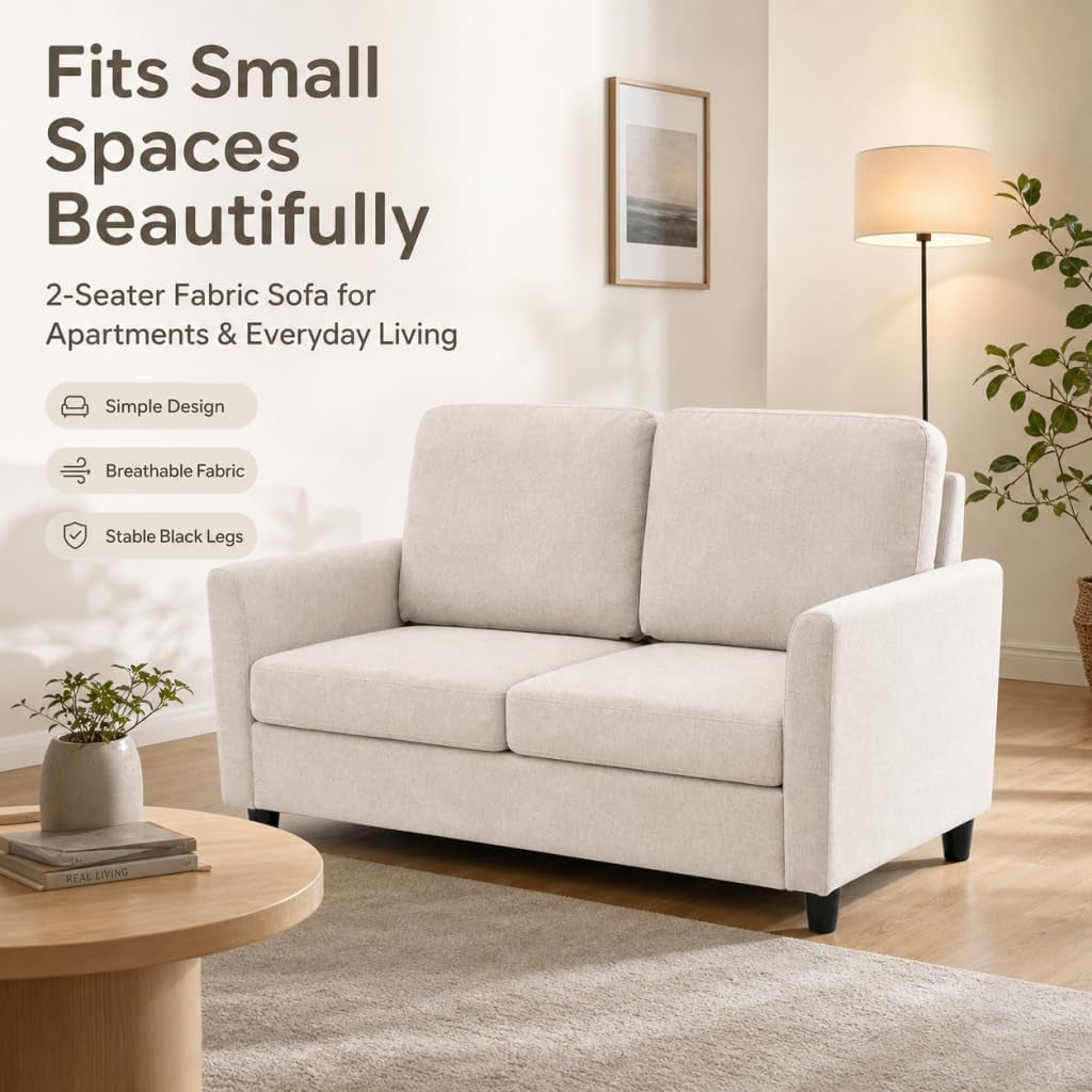 Beige 2-Seater Loveseat Sofa with Washable Covers | Quick Assembly, Cushions for Cozy Comfort,Sturdy Support, 135Cm Space-Saving,Small Apartments