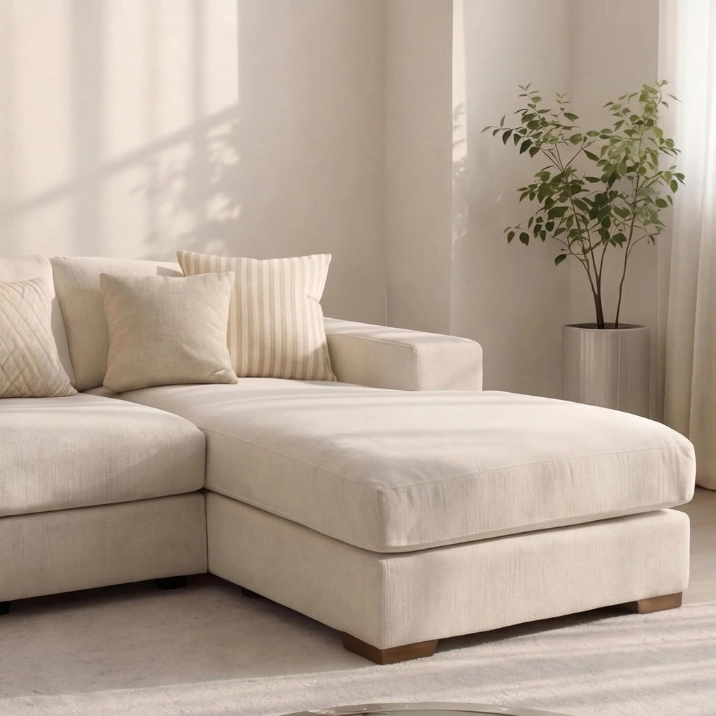 Sofaya Linen U Shaped Plain Sofa Full Back Sectional Chaise Sofa – Upholstered Fabric Couch with Cushions 4-5 Seater Sofa for Living Rooms (Cream Linen, U-Shaped Sofa)