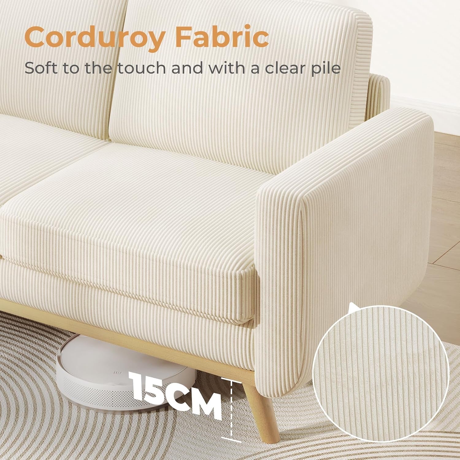 172Cm Loveseat Sofa Beige, Comfy Corduroy Couch with Spring Cushion, 2 Seater Sofa with Solid Wood, Sofa Couch with Deep Seat, Sofa for Bedroom, Loveseat for Living Room, Beige Office Couch