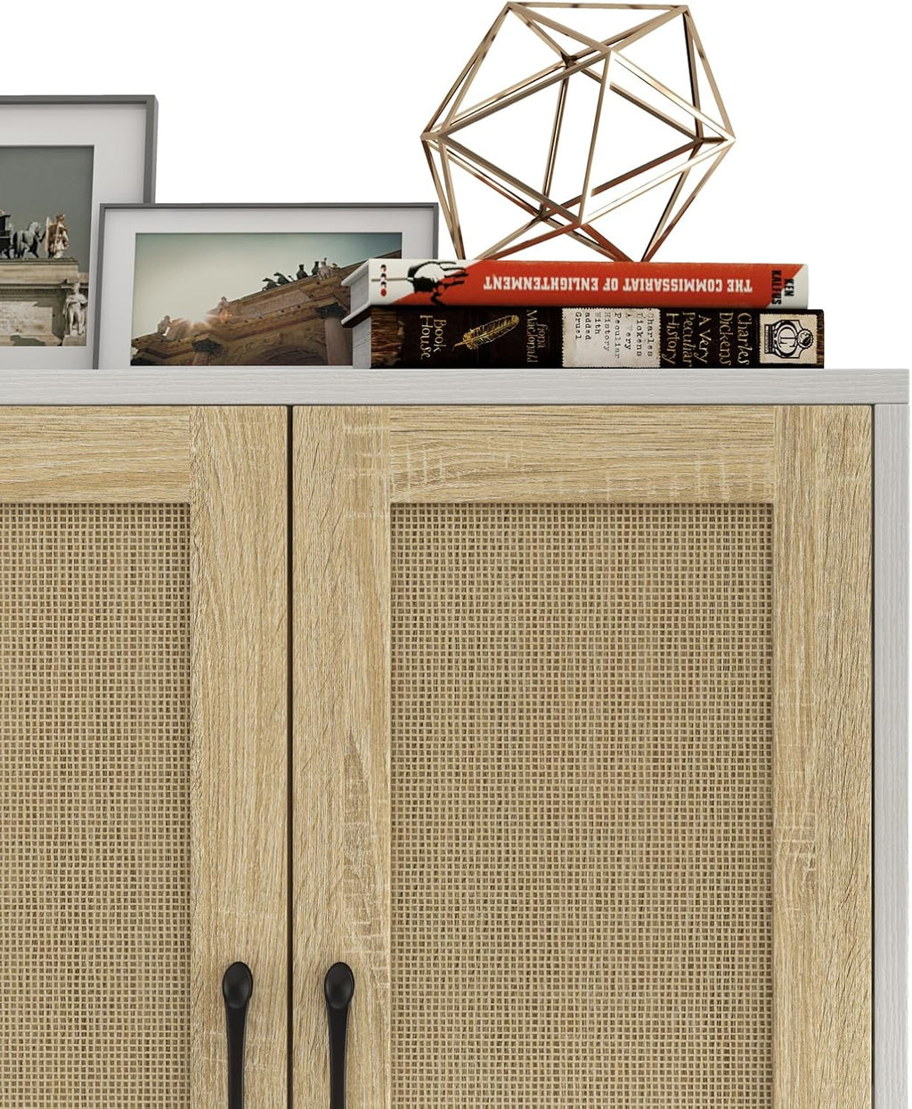 Buffet Storage Cabinet with Rattan Decorating Living Room Wood Kitchen Sideboard Accent Cabinet (White, 123(W) X 38(D) X 88(H))