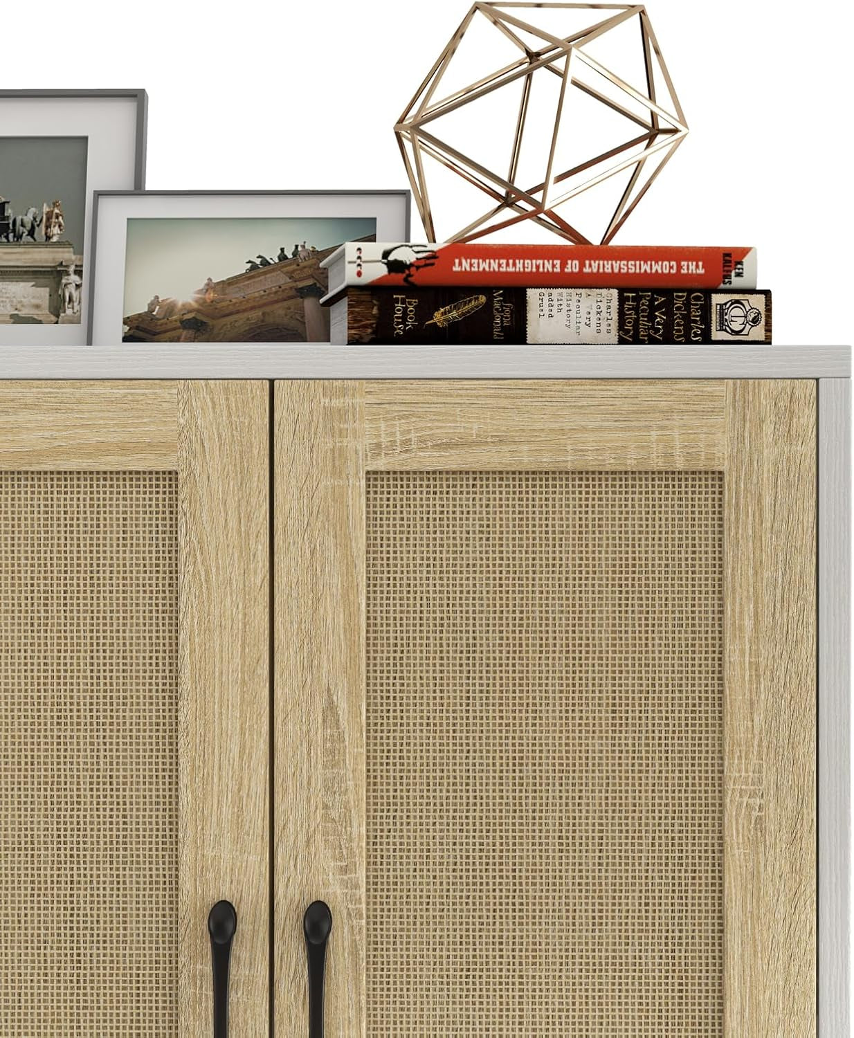 Buffet Storage Cabinet with Rattan Decorating Living Room Wood Kitchen Sideboard Accent Cabinet (White, 123(W) X 38(D) X 88(H))