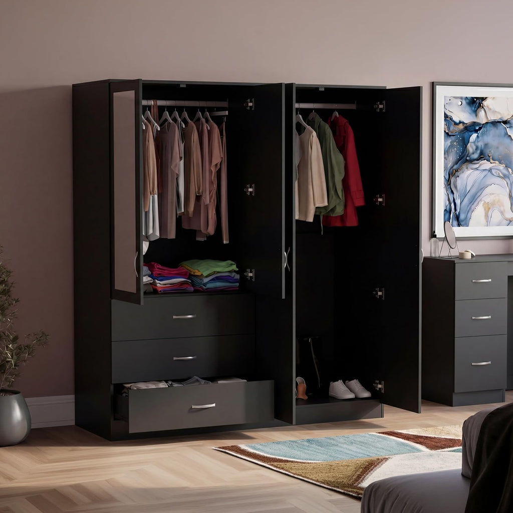 Riano 4 Door 3 Drawer Mirrored Wardrobe | Black | Modern Bedroom Furniture | 175H X 154W X 54D Cm | with Storage Shelf & Hanging Rail | Large Capacity Storage
