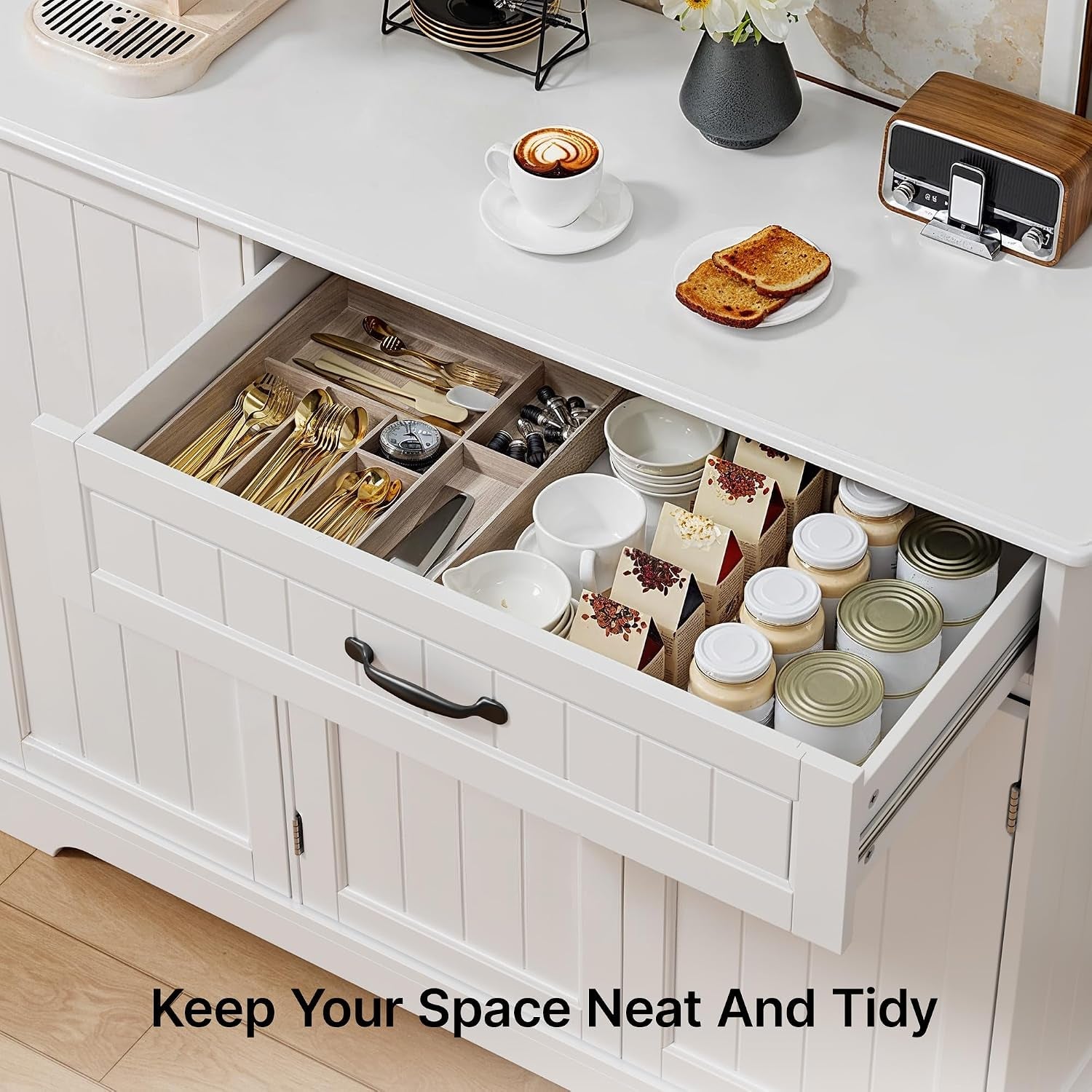 Sideboard Cabinet, Kitchen Storage Cupboard with Drawer | 3-Tier Door Storage and 2-Door Cabinet, Anti-Tip Design, 105 X 40 X 84.5 Cm