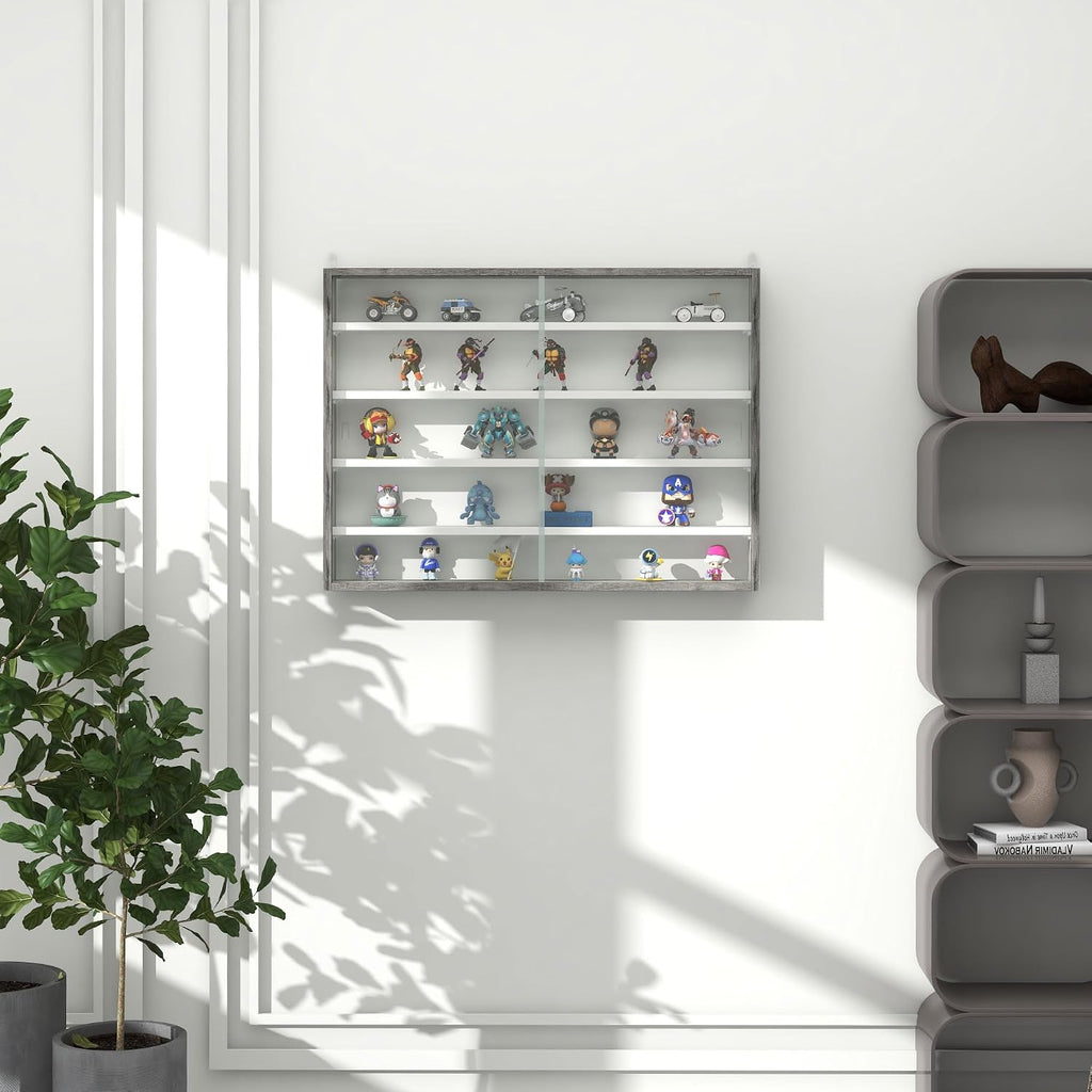 5-Tier Wall Mounted Display Cabinet Glass Doors 60X80Cm Grey Wood | Display Case, 4 Adjustable Shelves, for Home Office Ornaments