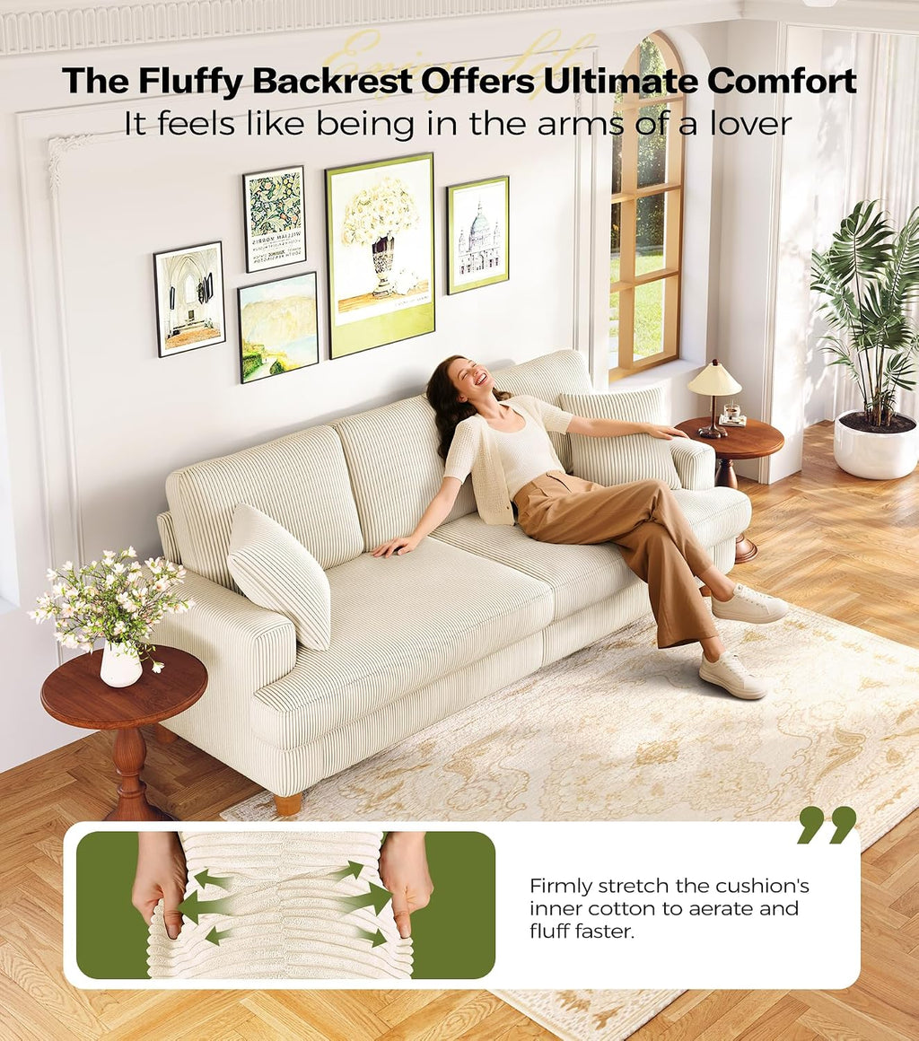 211CM 3 Seater Sofas, Corduroy Sofa No Tool Assembly, Oversized 2 Seater Sofa with 53CM Deep Seats, 3 Seater Sofa Couches & 2 Pillows, Sofa in a Box, Boho Sofas for Living Room, Beige Sofa