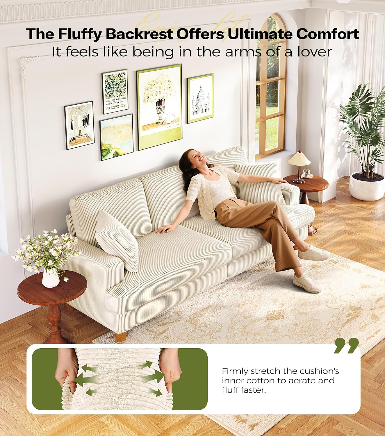 211CM 3 Seater Sofas, Corduroy Sofa No Tool Assembly, Oversized 2 Seater Sofa with 53CM Deep Seats, 3 Seater Sofa Couches & 2 Pillows, Sofa in a Box, Boho Sofas for Living Room, Beige Sofa