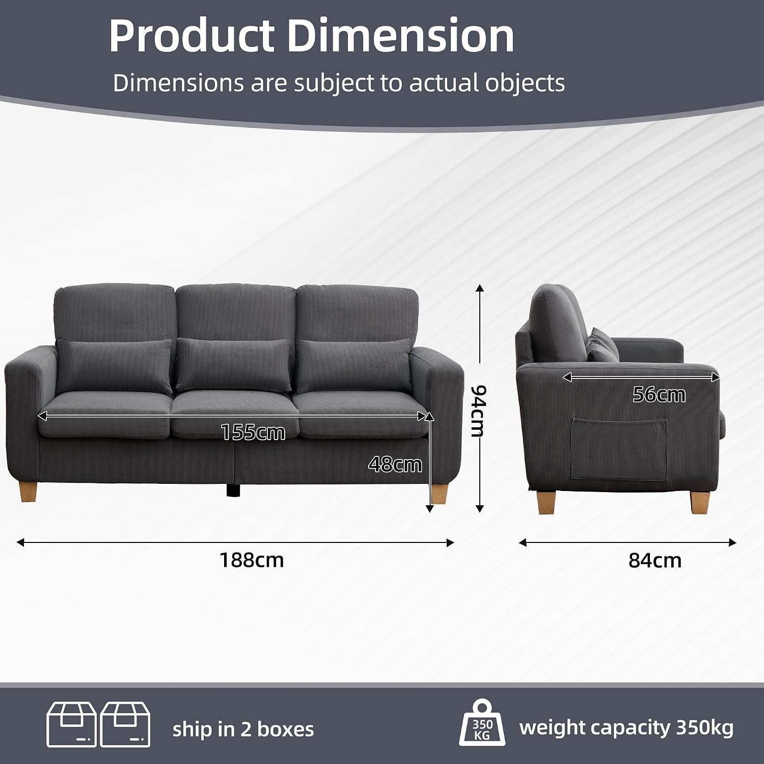 3 Seater Sofa, Corduroy Couch with Solid Wood Frame,Gray | 16Cm Thick High Density Foam, Removable Machine-Washable Covers, Solid Wood Frame, Easy Assembly, UK Fire Safety Compliant.