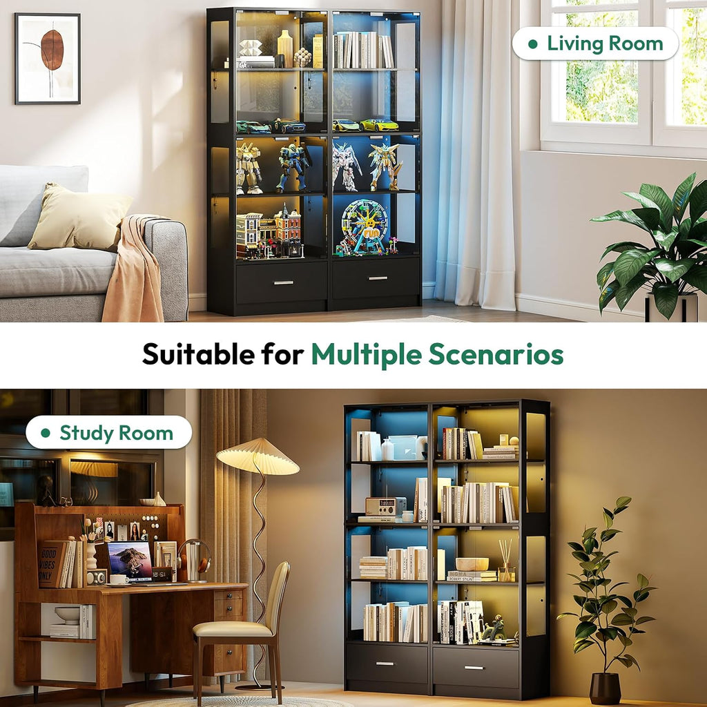 Glass Display Cabinets with LED Lights, App & Remote Control, Adjustable Shelves, Curio Cabinet for Collectables, Model Display Case Unit for Living Room, Black