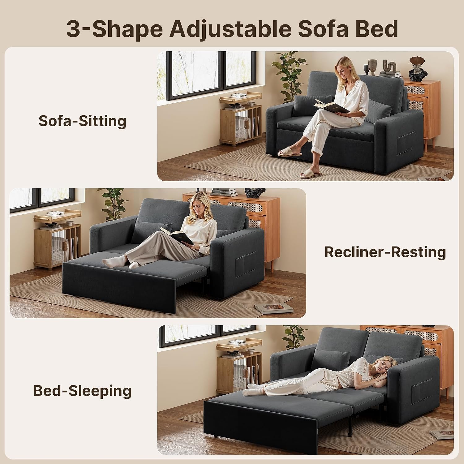 2-Seater Sofa Bed, Extendable Sleeper Couch with Pull-Out Function, Modern Velour Fabric for Living Room, Guest Room or Office