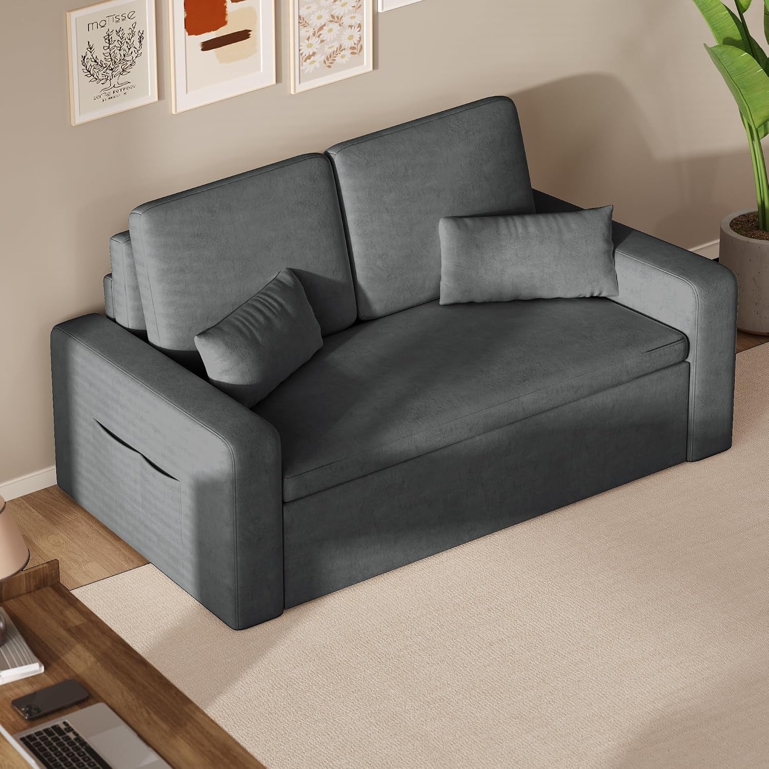 2-Seater Sofa Bed, Extendable Sleeper Couch with Pull-Out Function, Modern Velour Fabric for Living Room, Guest Room or Office