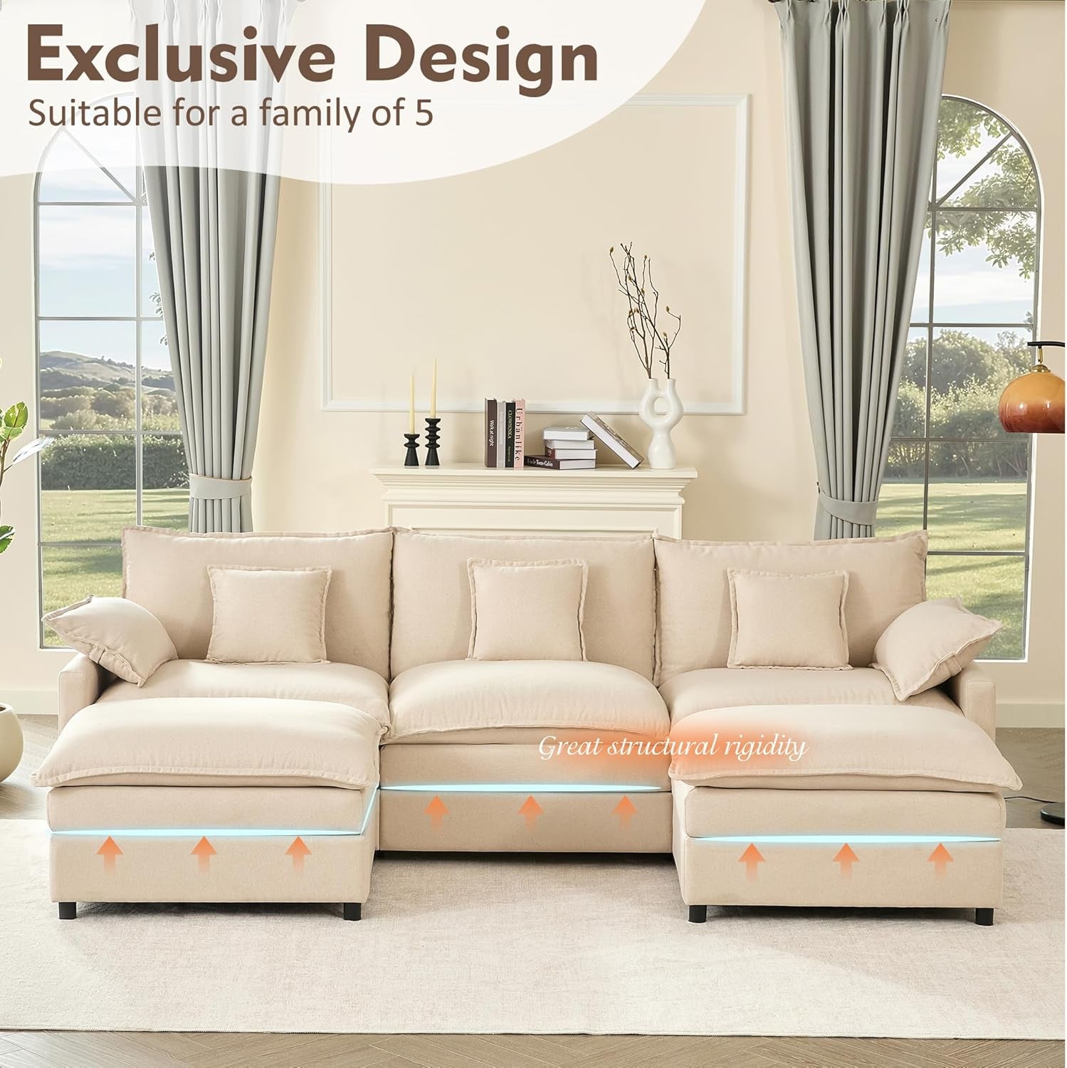 274 Cm U-Shaped Sofa, Linen Deep Seat Sofa Bed, Beige | Cloud Comfort, Deep Seat Design, Soft Chenille Upholstery, Machine-Washable Covers, Movable Ottoman