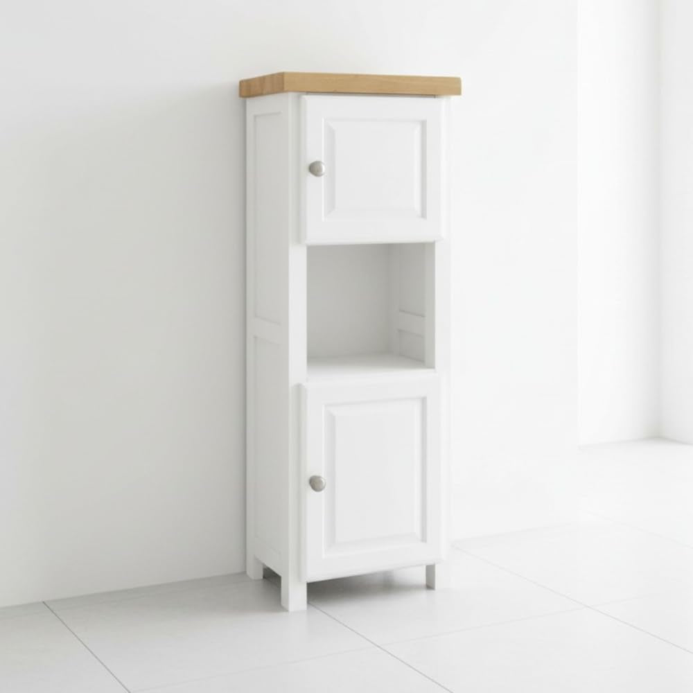 Slim Cabinet Bathroom Storage, Painted White Cabinet with Natural Wood Top, Double Door, Ready Assembled (White 2)