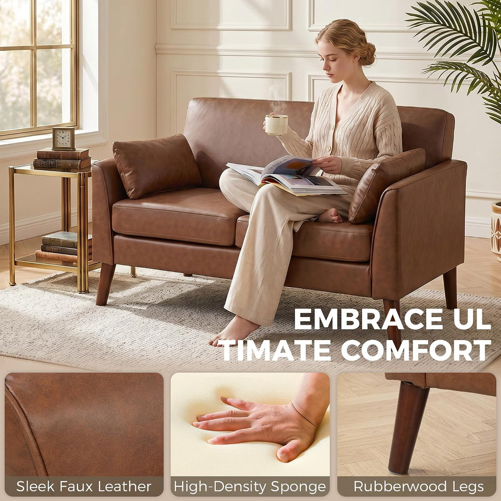 2 Seater Sofa 132 Cm PU Leather Upholstered for Small Space Brown | Modern Small Sofa, Loveseat, Solid Wood Legs, 2 Pillows, Couch Settee, Living Room, Bedroom, Home Office