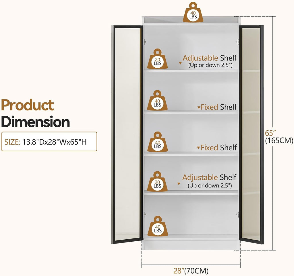 5-Tier Display Cabinet with Acrylic Door and Lights for Collectibles,White | 65" Bookcase with Human Sensor,Curio Storage Cabinet with Adjustable Shelf for Bedroom,Living Room,Office