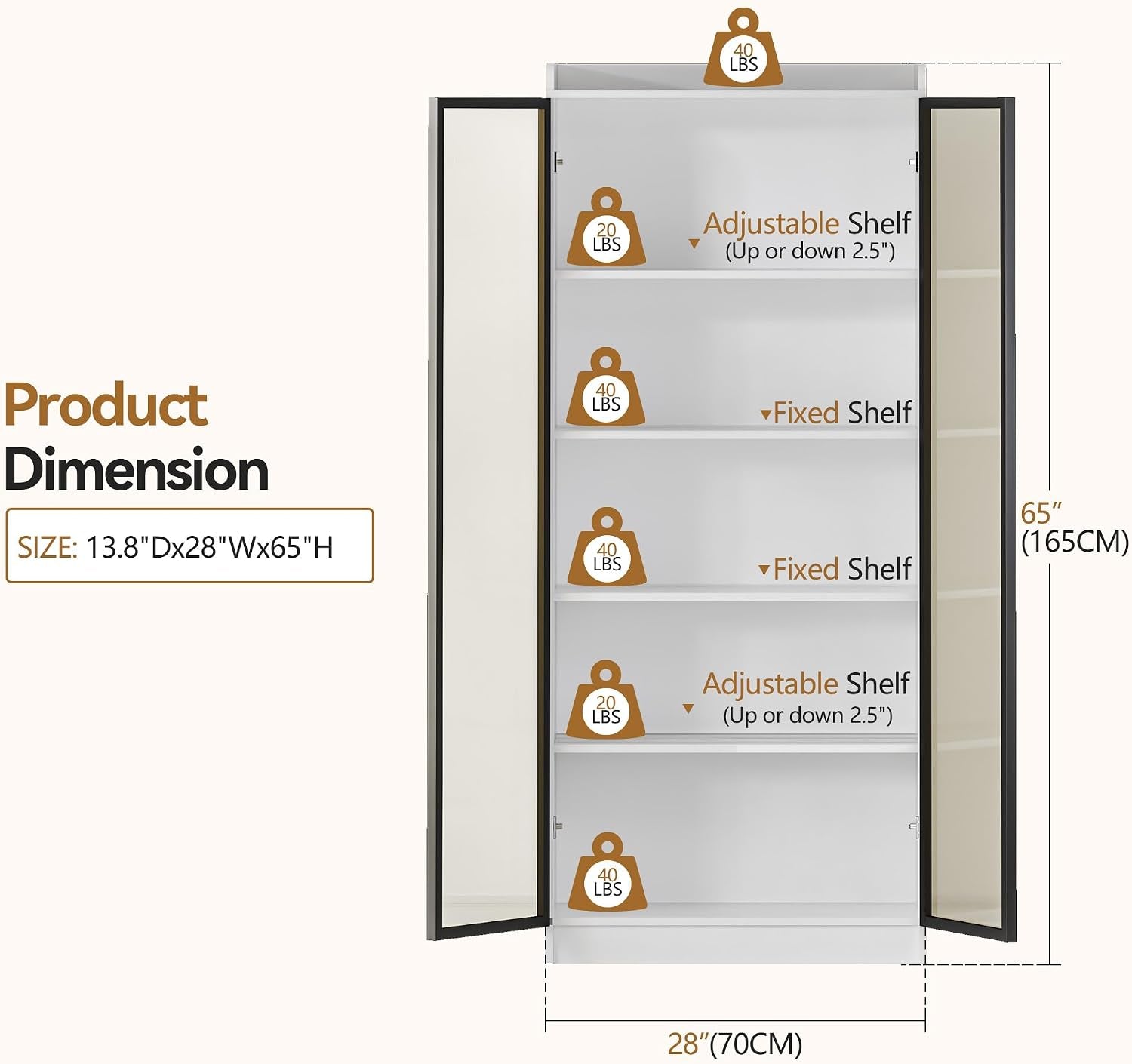 5-Tier Display Cabinet with Acrylic Door and Lights for Collectibles,White | 65" Bookcase with Human Sensor,Curio Storage Cabinet with Adjustable Shelf for Bedroom,Living Room,Office