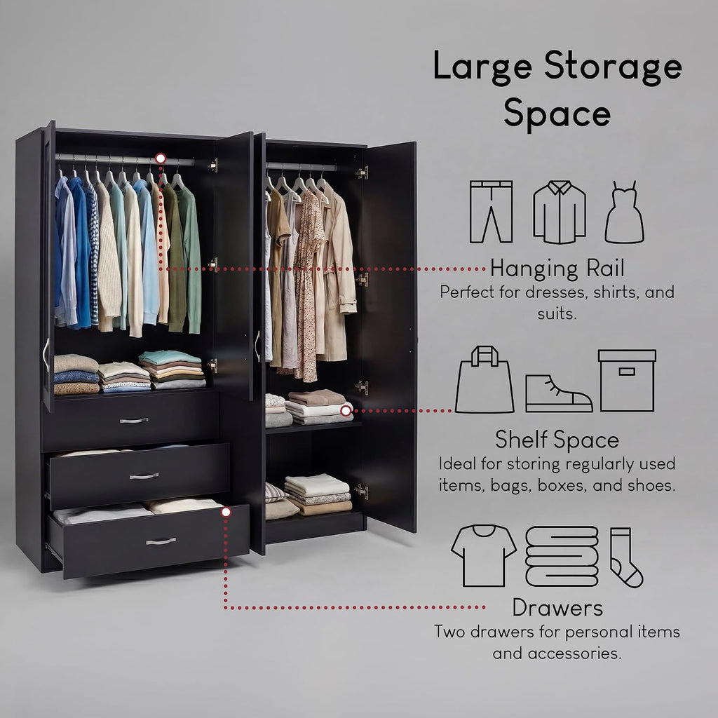 Riano 4 Door 3 Drawer Mirrored Wardrobe | Black | Modern Bedroom Furniture | 175H X 154W X 54D Cm | with Storage Shelf & Hanging Rail | Large Capacity Storage
