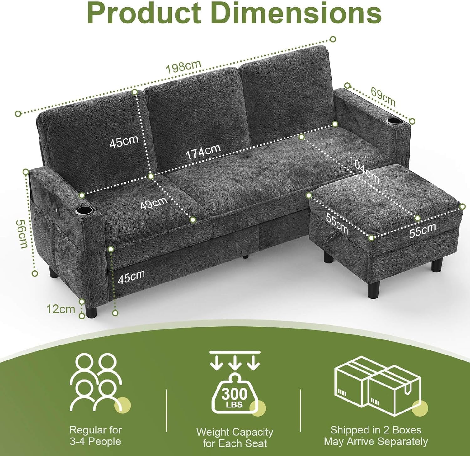 3-Seater Sofa with Storage Ottoman Footstool, L-Shaped Chaise Lounge Sofa with USB Charging Ports, 2 Cup Holders, Modern Fabric Small Space Corner Sofa Couch for Living Room (Deep Grey)