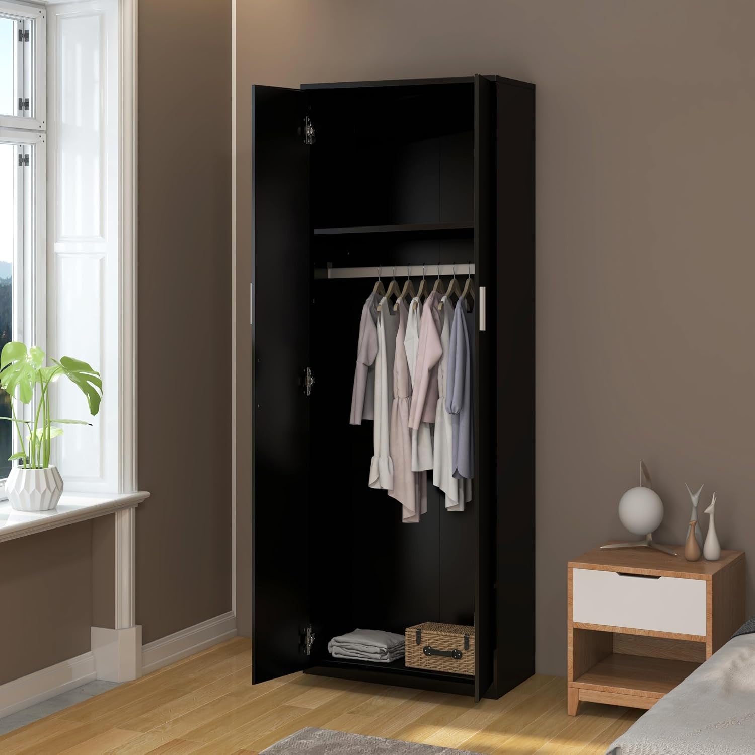 Wooden 2 Door Mirrored Wardrobe with Hanging Rail Modern Clothes Storage Cupboards Unit for Bedroom Furniture W 72 X D 47 X H 170 Cm (Black)