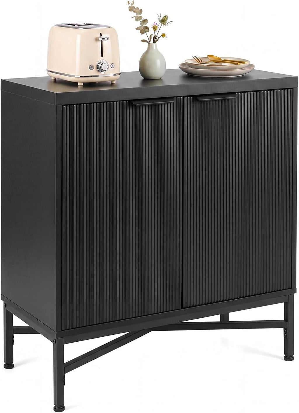 Fluted Buffet Sideboard, 2 Door Storage Cabinet with Metal Legs | Adjustable Shelf, X-Shaped Design, Anti-Tipping Kit, Modern Coffee Bar Cabinet for Living Room Dining Room Hallway (Black)