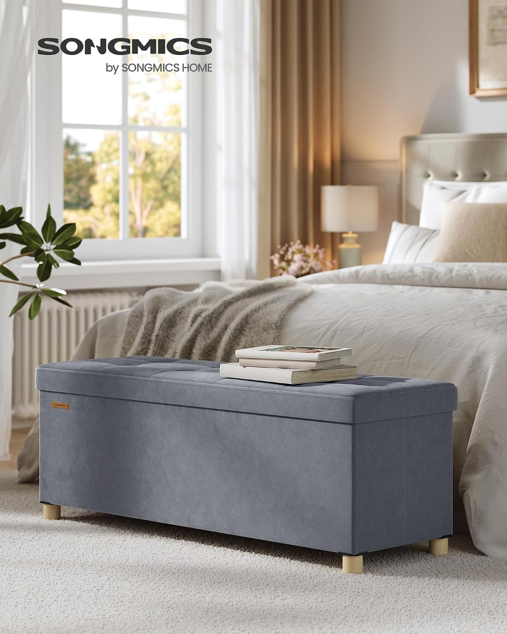 Storage Ottoman, 38 X 110 X 40 Cm, Folding Storage Bench with Lid, Footstool, Footrest, 112 L, Velvet Surface, for Bedroom, Hallway, Living Room, Slate Grey LSF0518G03