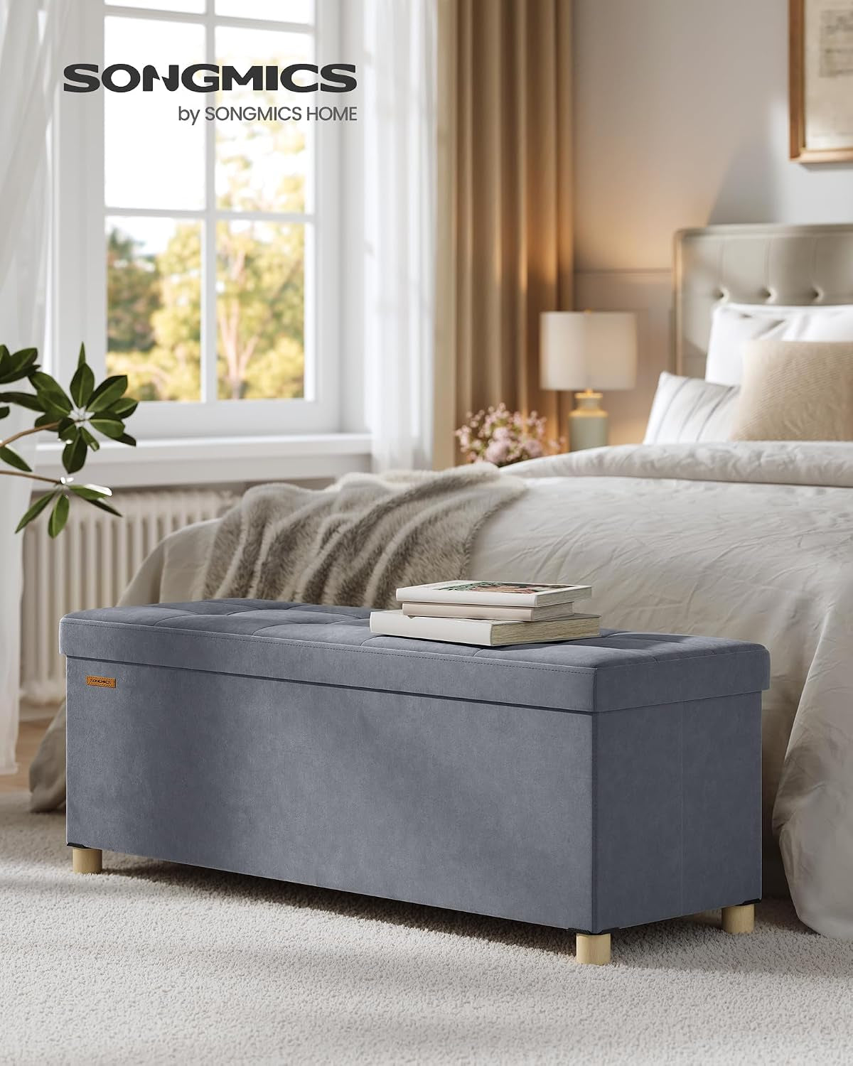 Storage Ottoman, 38 X 110 X 40 Cm, Folding Storage Bench with Lid, Footstool, Footrest, 112 L, Velvet Surface, for Bedroom, Hallway, Living Room, Slate Grey LSF0518G03