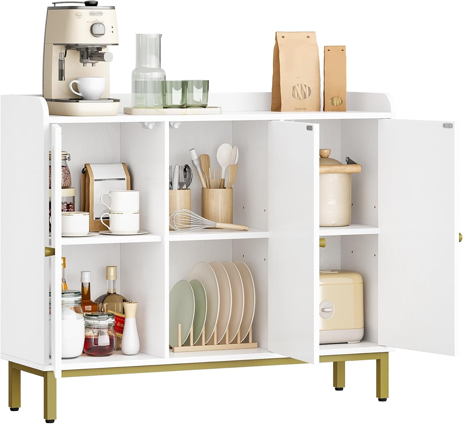 Sideboard Storage Cabinet, Kitchen Cabinets, 30 X 100 X 80.5 Cm | Freestanding Kitchen Cupboard Buffet with 2 Doors and Adjustable Shelves, for Dining Room, Living Room, White, SC21313G