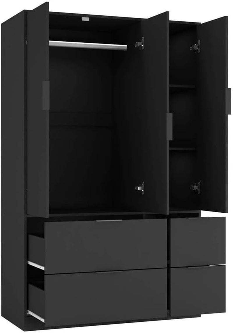 3 Door Wardrobe with 4 Drawers – Wooden Bedroom Storage Cupboard with Hanging Rail for Clothes - Black Unit & Black Doors & Drawers