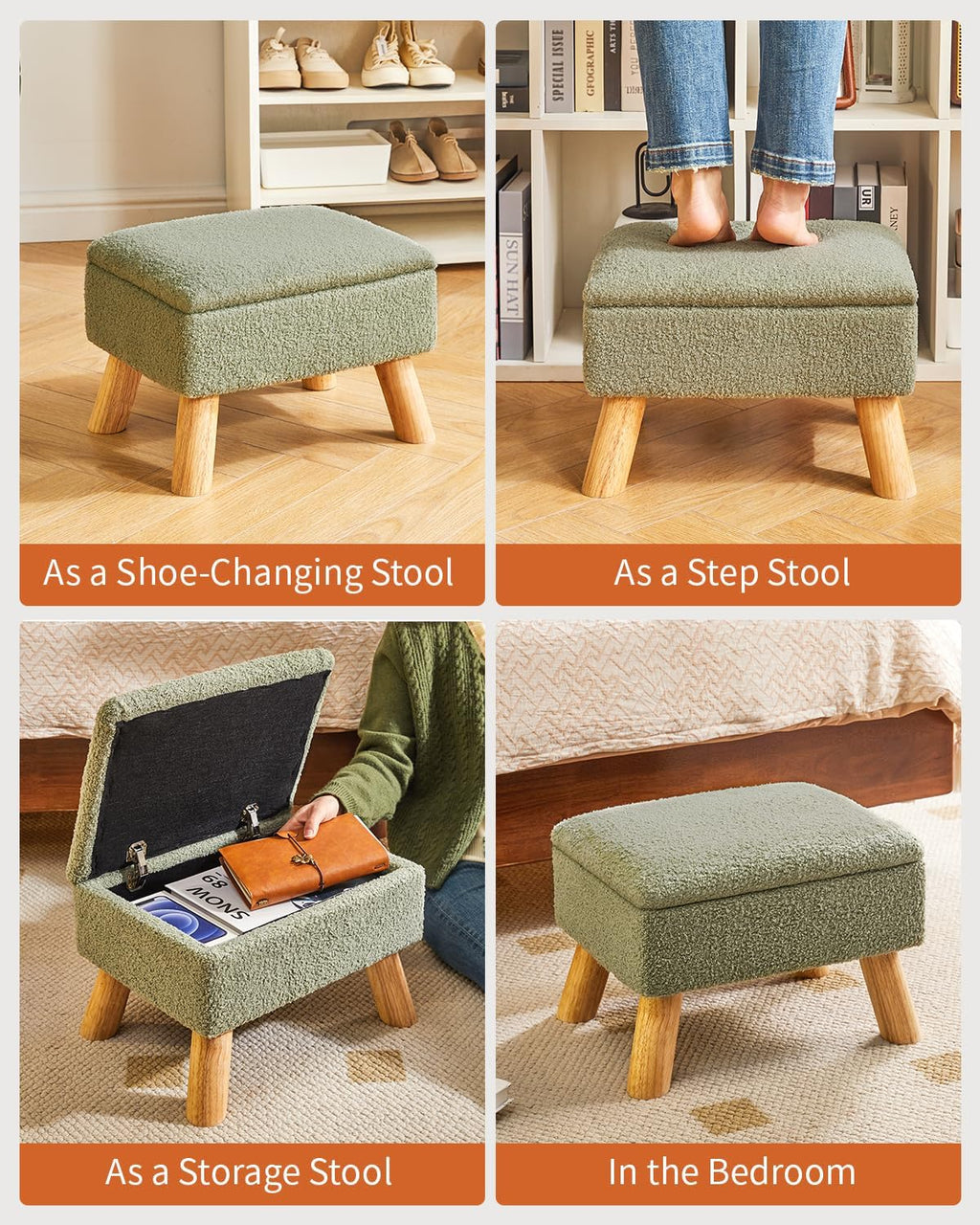 Storage Ottoman, Footstool, Small Foot Stool with Sturdy Wood Legs Stool, Foot Rest with Padded Seat, for Living Room Bedroom Couch Enterway 40 ×30 ×28CM Green HBD042GR